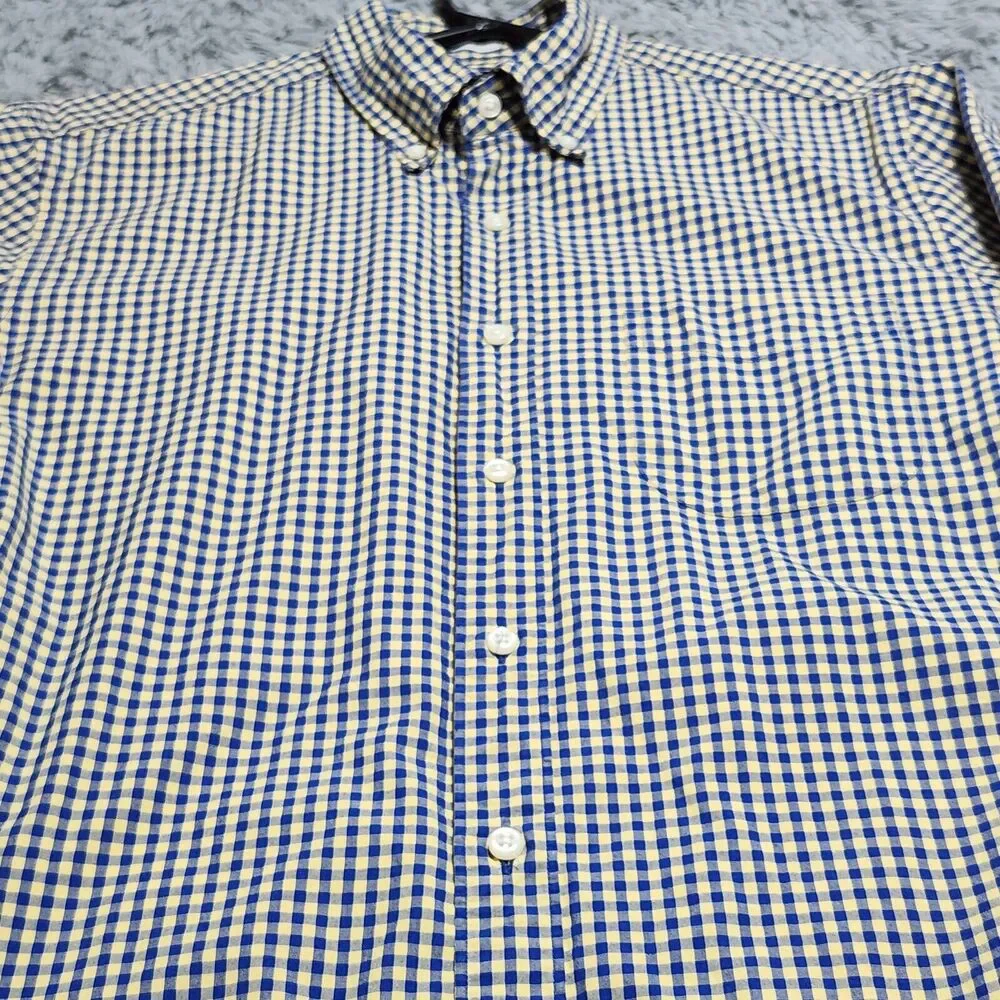 J Crew Button Down Shirt Mens Medium Secret Wash Cotton Yellow Blue Gingham J.‎